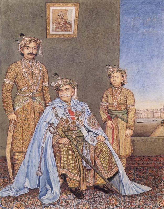 Madho Prasad,Ramnagar His Highness Ishwari Prasad Narayan Singh,Maharaia of Benares Seated,with Prabhu Narayan Singh and Aditya Narayan Singh Standing Behind as well as a p France oil painting art